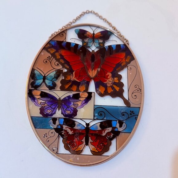 Butterfly Stained Suncatcher Decorative Window Art Oval Hanging VTG Home Swirl - Picture 2 of 12